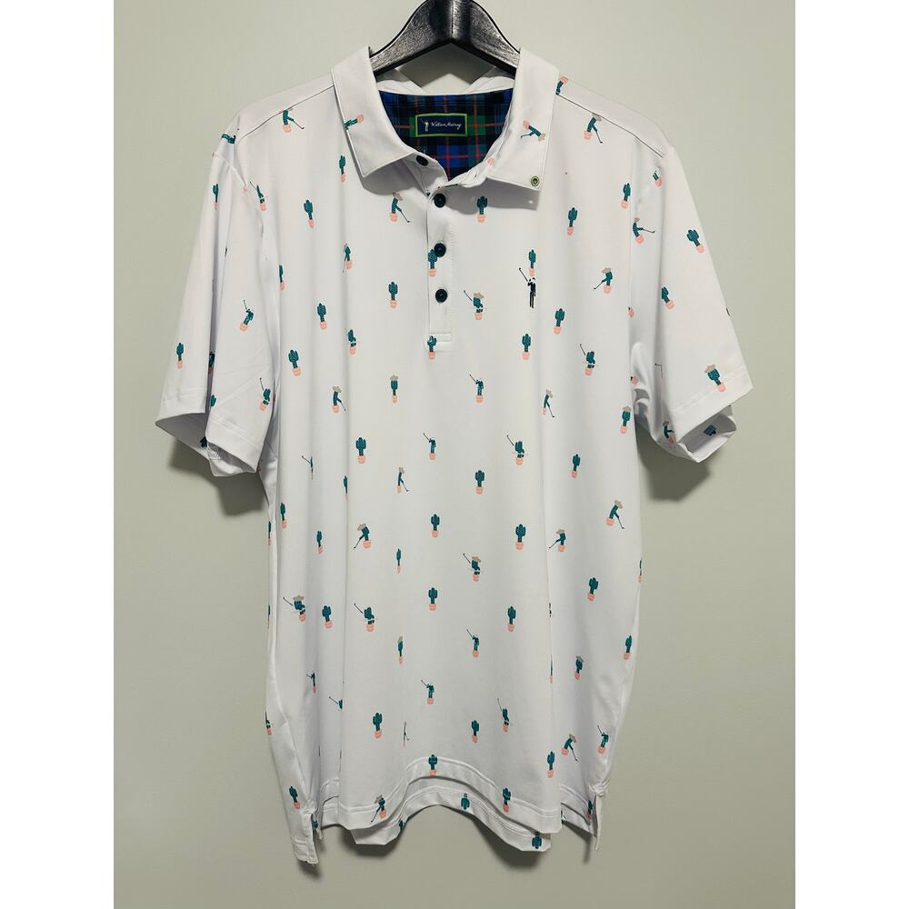 William Murray Golf XL Cactus Print Performance Polo White Novelty Golf Shirt